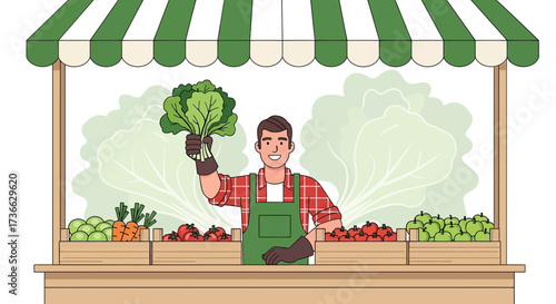 Cheerful Farmer Showcasing Fresh Produce at Outdoor Fruit And Vegetable Stand