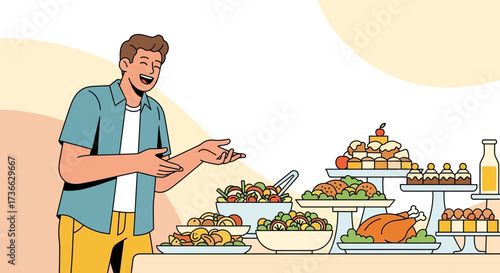 Cheerful Figure Presents Feast Of Food With Variety For Celebration And Festivities