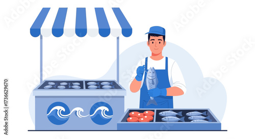 Cheerful Fishmonger Presents Fresh Seafood In A Street Market Booth Illustrative Concept