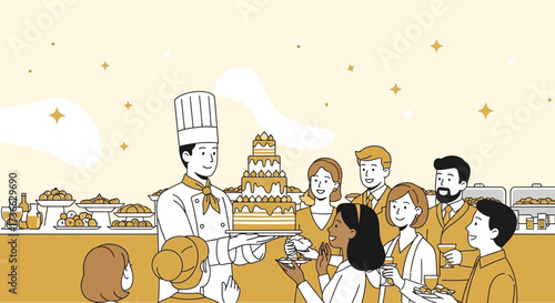 Chef Presents Elaborate Cake At Celebration With Guests Enjoying Drinks And Feast