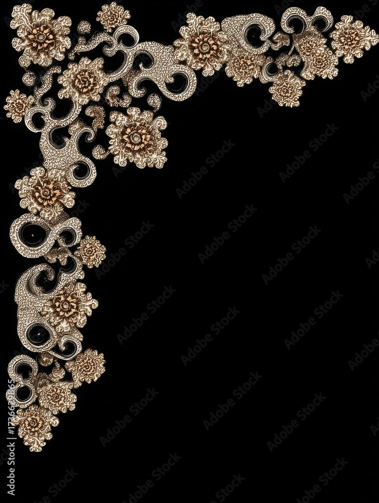 Fototapeta premium Intricate floral patterns in gold and silver create a stunning design on a black backdrop, showcasing detailed craftsmanship and artistic elegance.