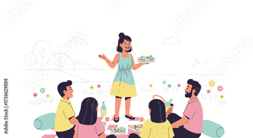 Cheerful Friends Sharing Food And Moments Of Happiness Together In The Park And Picnic