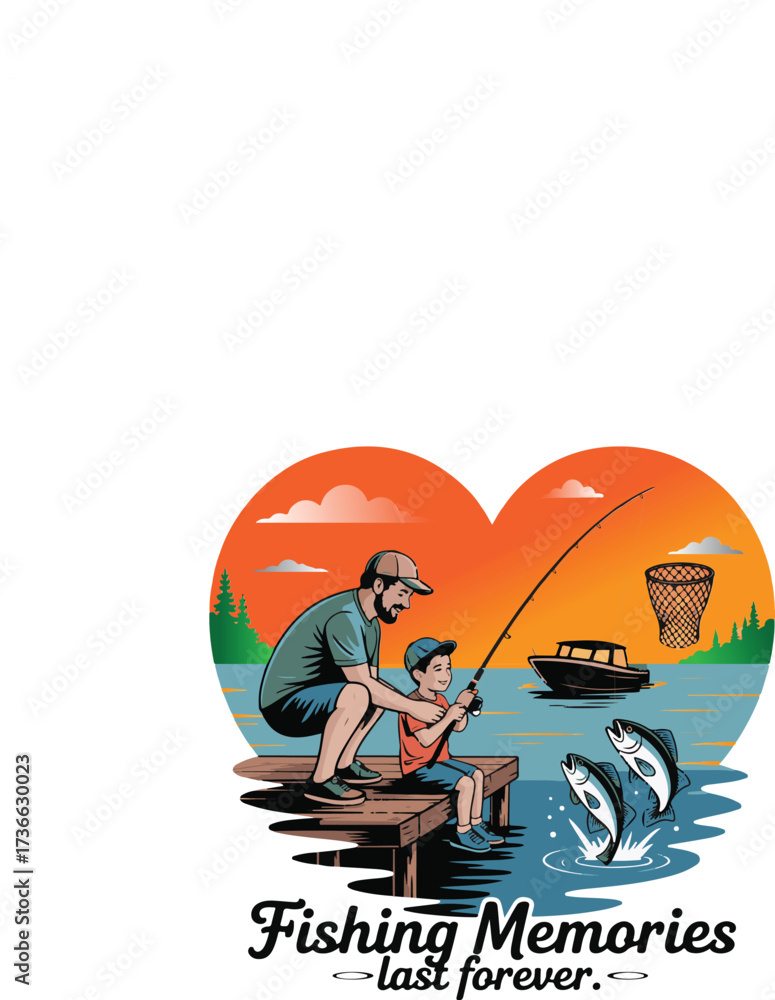 Naklejka premium Father and son fishing memories heart illustration