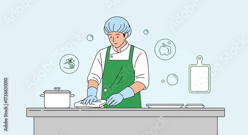 Chef Sanitizing Food Prep Surface for Hygienic Culinary Environment