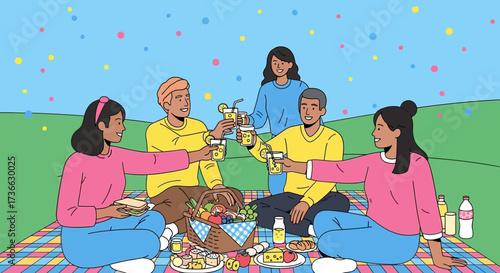Cheerful Gathering of Friends Enjoying a Refreshing Picnic Amidst a Sunny Day