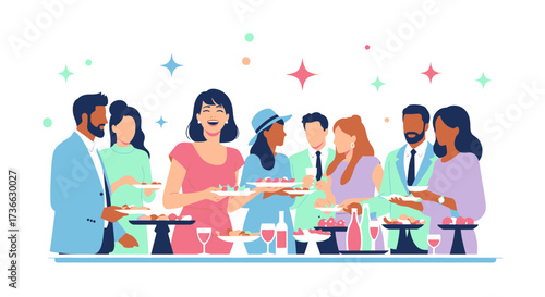 Cheerful Gathering Illustration Depicting a Festive Buffet and a Group of Friends