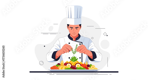 Chef Skillfully Adorning Dish With Herbs, Presenting Culinary Artistry And Gastronomy