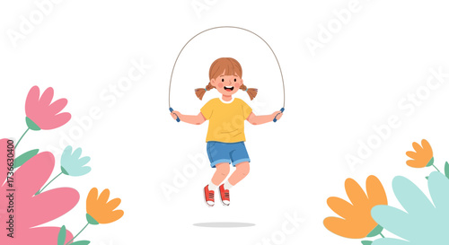 Cheerful Girl Jumping Rope with Flowers in Cute Illustration of Healthy Activities