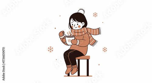 Cheerful Girl Sipping Warm Beverage Amidst Falling Snowflakes During Winter Season