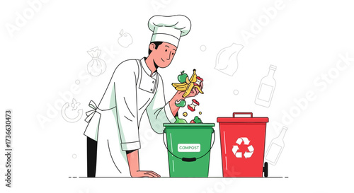 Chef Sorting Food Waste Into Compost And Recycling Bins For Environmental Preservation