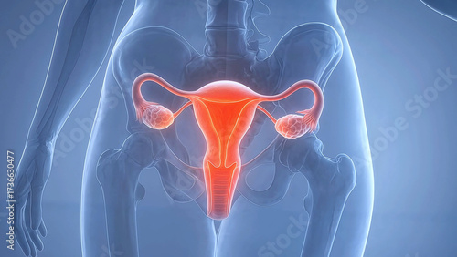 Digital 3D medical rendering showing uterus, ovaries and fallopian tubes. Gynecology, fertility health, womens diagnostics and medical research. Reproductive medicine, anatomy education and healthcare