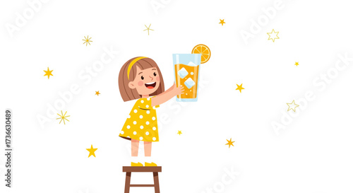 Cheerful Girl Stands Proudly with Refreshing Beverage amid Whimsical Starry Backdrop