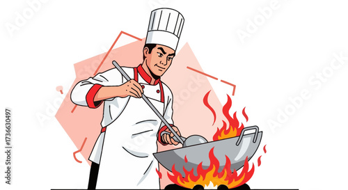 Chef Stirring Food Over A Flame In Vibrant Illustration Perfect For Culinary Themes