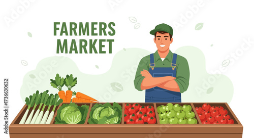 Cheerful Green Grocer Stands Proudly by Farm Fresh Produce at Farmer's Market Display