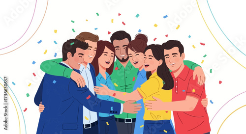 Cheerful Group Celebrates Moment of Joy and Accomplishment with Confetti and Huddle