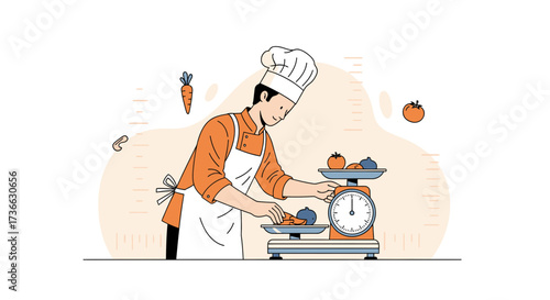 Chef Weighing Fresh Vegetables While Preparing Food In A Modern Vector Illustration