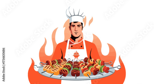Chef with skewers and fire creating a barbecue and food illustration in a minimalist format