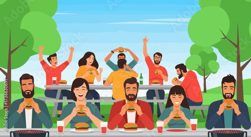 Cheerful Group Enjoying Burgers And Refreshments In A Sunny Outdoor Park Setting