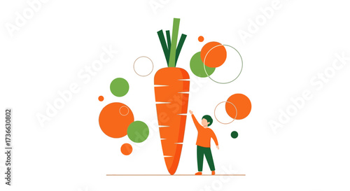 Child Admiring A Giant Carrot, Surrounded By Abstract Geometric Shapes, Illustration