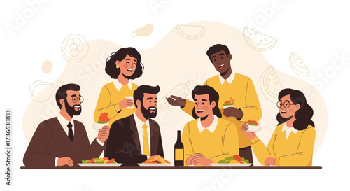 Cheerful group of friends and colleagues enjoying food and drinks at a restaurant