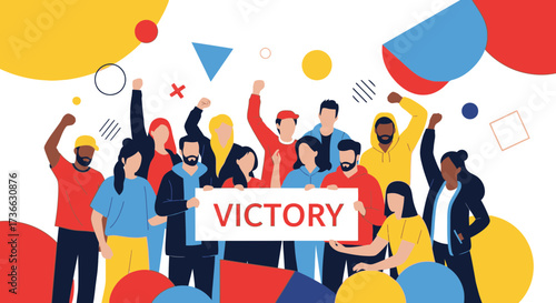 Cheerful Group Rejoices With Victory Sign: A Bold Illustration of Unity and Celebration