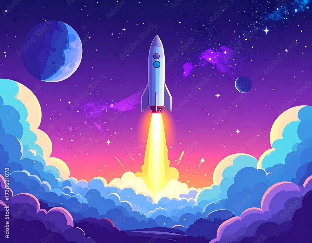 Fototapeta premium A vibrant illustration of a rocket launching into a colorful space scene filled with planets and stars.