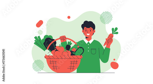 Cheerful Individual Holding Basket Packed With Freshly Harvested Vegetables And Carrot