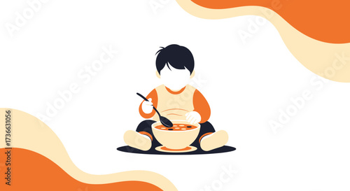 Child Eating Delicious Soup, Simple Illustration Showcasing a Wholesome Mealtime Moment