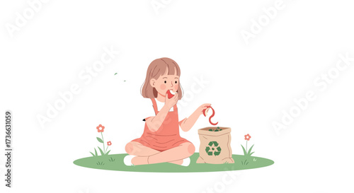 Child Eating Apple Next To A Recycling Bag And Worm On A Green Field Scene