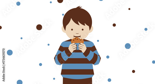 Child Eating A Delicious Muffin, Surrounded By Decorative Colored Circle Elements