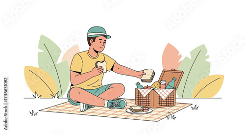 Cheerful Individual Unpacking Lunch on Picnic as Sunlight Bathes the Scene with a Happy Vibe