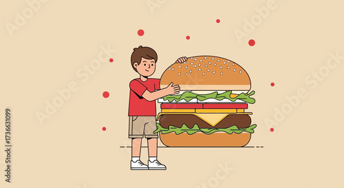 Child Embracing Huge Burger: Delightful Illustration for Food Lovers and Fast Food Marketing