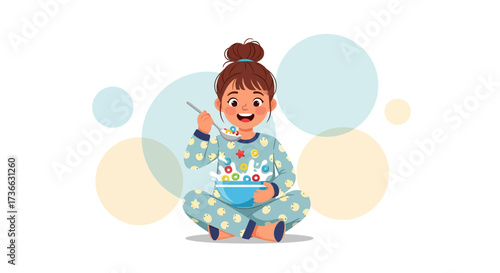 Child Enjoying Breakfast In Pajamas With Cereal Bowl Against Abstract Background