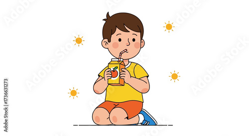 Child Enjoying Apple Juice in Sunny Weather, Smiling Happy, Sitting, Cartoon Illustration