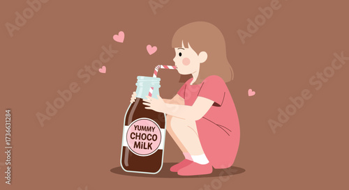 Child Enjoying Chocolate Milk from a Glass Bottle with Adorable Pink Hearts Background