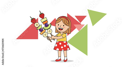 Cheerful Little Girl Presenting Colorful Fruit Skewers With Delight and Joyful Glee