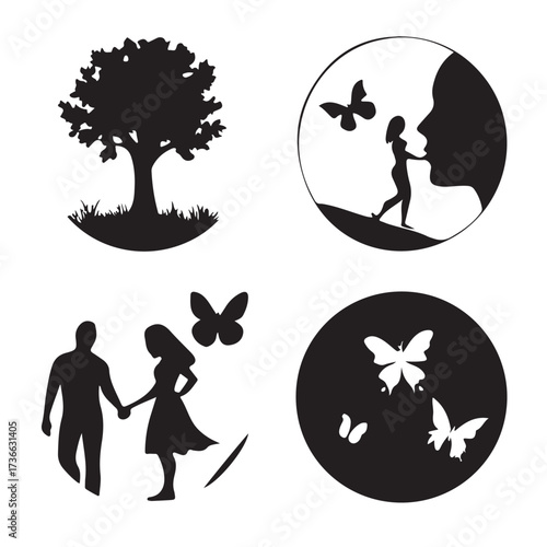 Silhouettes of love nature and butterflies in circular designs
