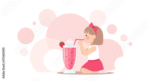 Child Enjoying Delicious Strawberry Drink Refreshing Sweet Summer Treat Illustration