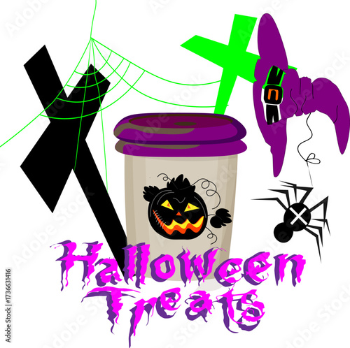 Vector Halloween Treats Cup with Gothic and Neon Elements, stylized vector illustration for the Halloween season, This graphic is bold, busy, and perfect for merchandise, party supplies, and digital 