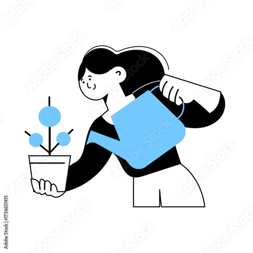 Happy person watering a plant indoors during the afternoon with a blue watering can