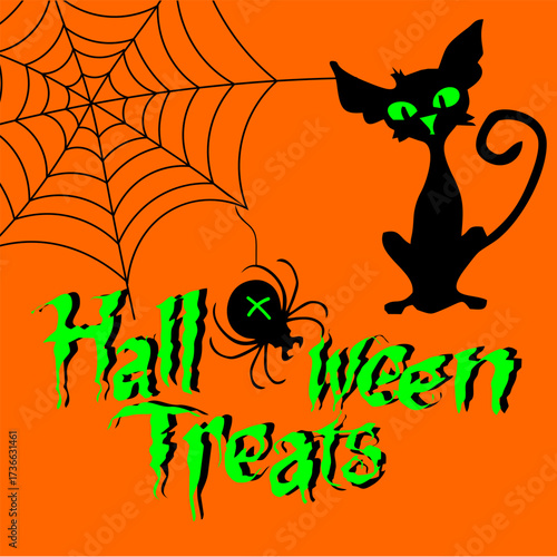 vector illustration for Halloween. The design features a stylized black cat with piercing neon green eyes, sitting next to a detailed spider web with a hanging black spider