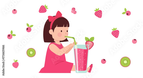 Child Enjoying Fresh Strawberry Smoothie With Berries And Kiwi Fruit Graphics Illustration