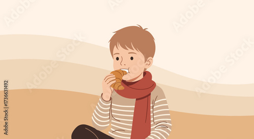 Child Enjoying Freshly Baked Croissant against Abstract Background of Earth Tones
