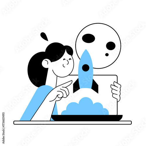 Creative young person launching a rocket ship from a tablet in a playful illustration featuring bright colors and cartoonish designs in a cozy indoor setting