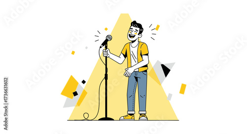 Cheerful Performer Holding Microphone Expressing Joy On The Stage With The Lighting