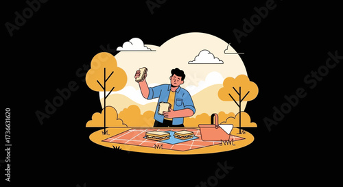Cheerful Person Enjoying A Delicious Sandwich At Pleasant Picnic Amidst Scenic Nature