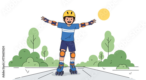 Child enjoying outdoor activities with roller skates, arms outstretched, sunshine and trees