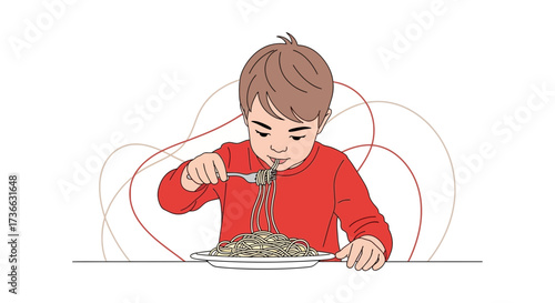 Child Enjoying Pasta: A Joyful Illustration Of A Happy Toddler Eating Spaghetti