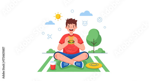 Cheerful Person Enjoying Burger And The Day Outdoors On A Sunny Green Surface