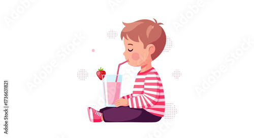 Child Enjoying Strawberry Smoothie: Artistic Illustration Depicting Happiness and Refreshment